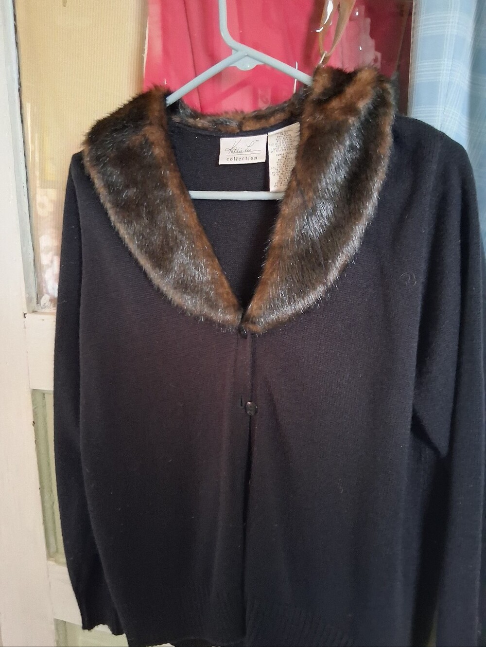 Black Women's Cardigan with Faux Fur Collar